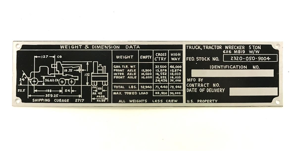 Data Plate Tag M819 Truck Tractor Wrecker Truck Weight and Dimensions
